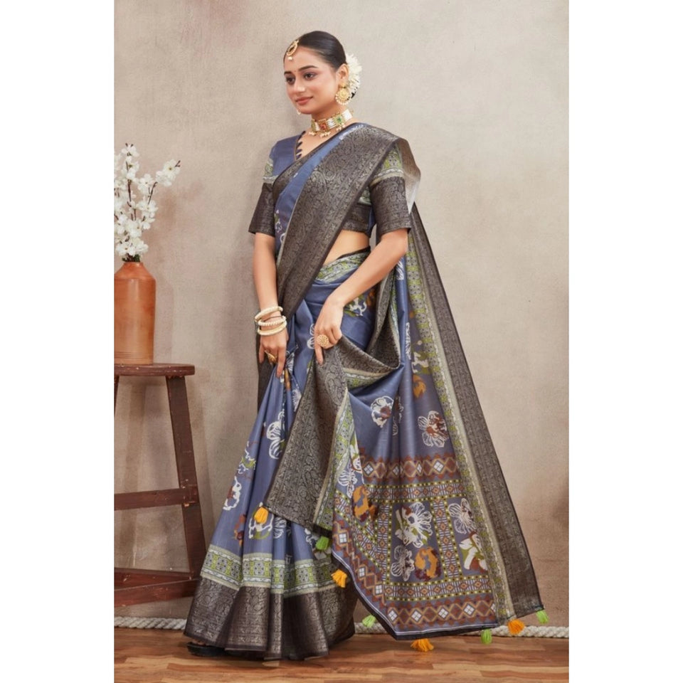Generic Women's Crepe Silk Printed Saree With Unstitched Blouse 5.5Mtr (Grey)
