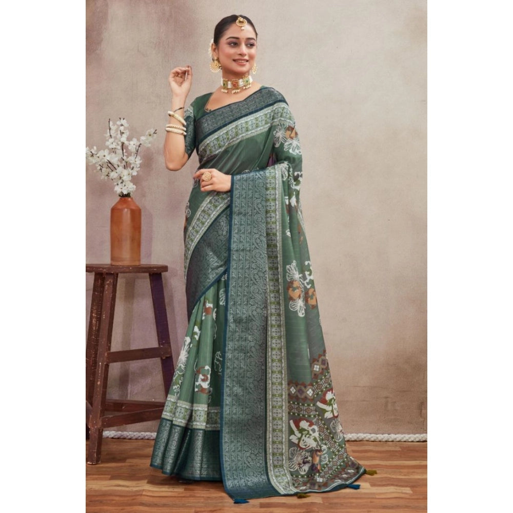 Generic Women's Crepe Silk Printed Saree With Unstitched Blouse 5.5Mtr (Green)