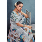 Generic Women's Linen Floral Printed Saree With Unstitched Blouse 5.5Mtr (Off-White)