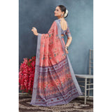 Generic Women's Linen Floral Printed Saree With Unstitched Blouse 5.5Mtr (Peach)