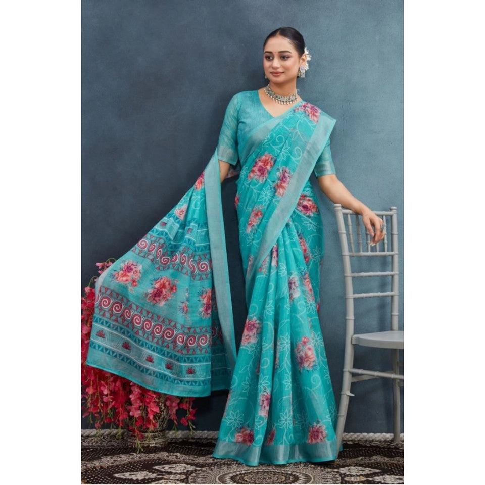 Generic Women's Linen Floral Printed Saree With Unstitched Blouse 5.5Mtr (Aqua)