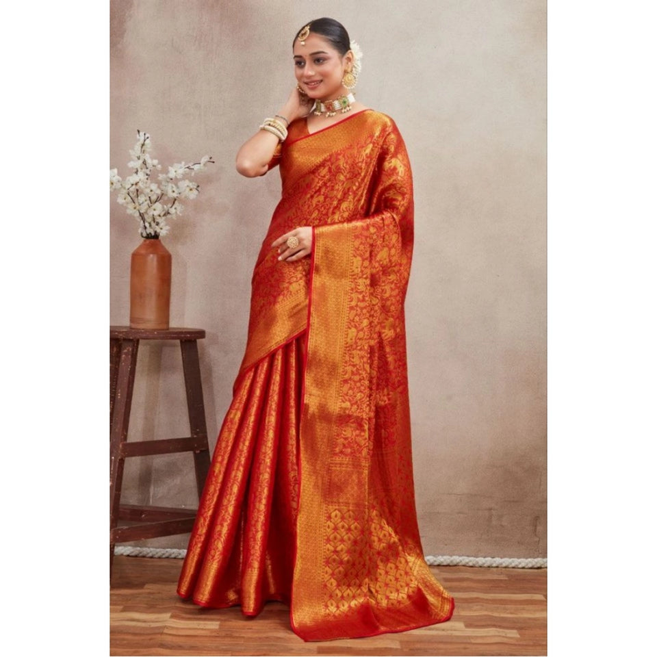 Generic Women's Silk Blend Floral Printed Saree With Unstitched Blouse 5.5Mtr (Red)