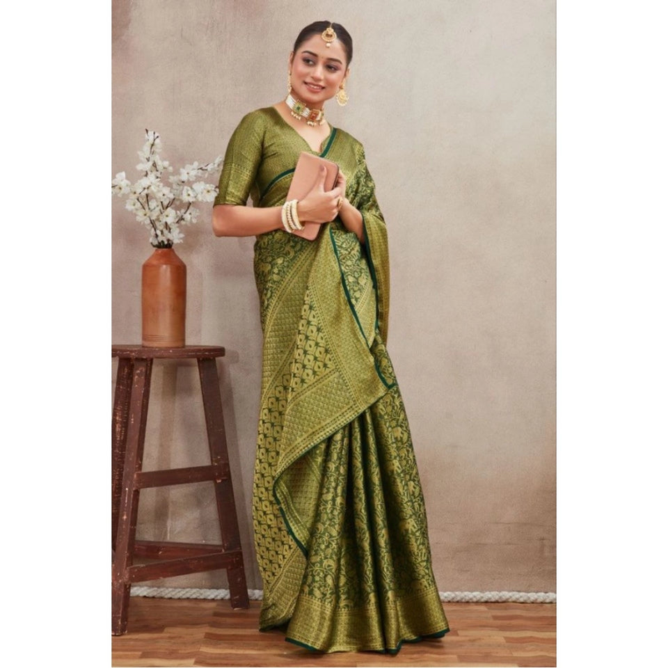 Generic Women's Silk Blend Floral Printed Saree With Unstitched Blouse 5.5Mtr (Green)