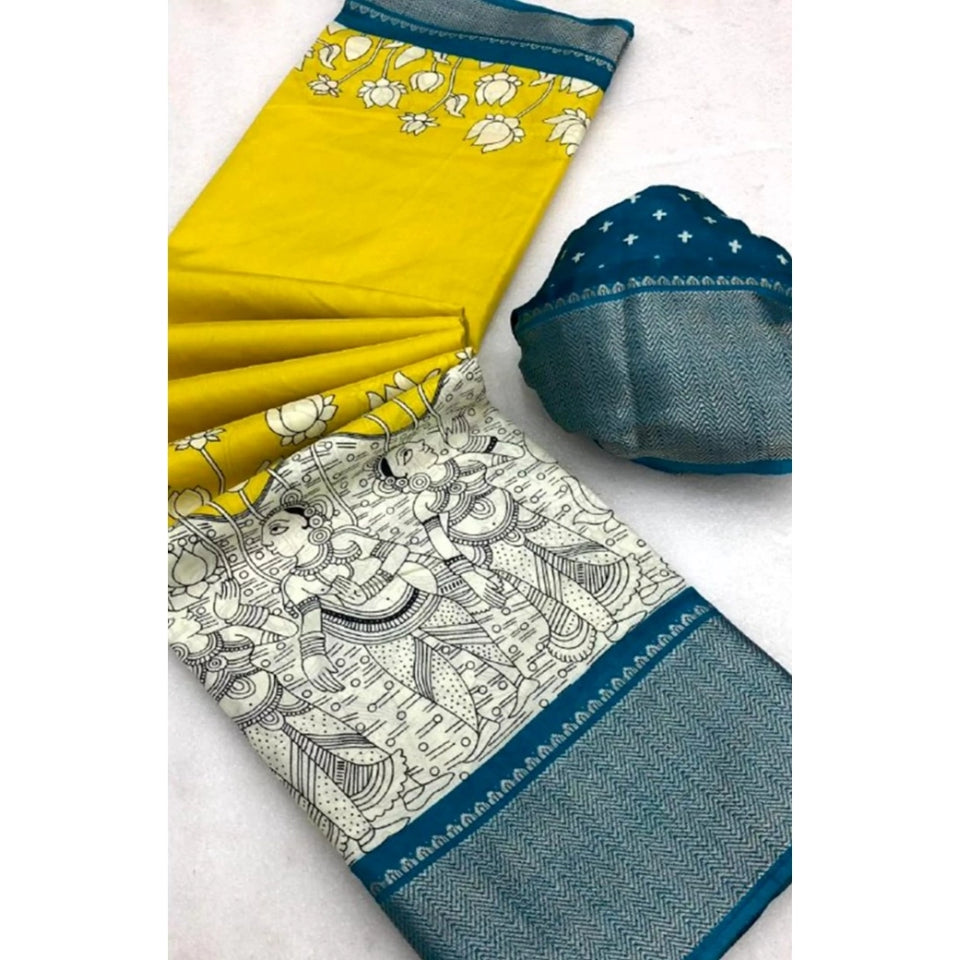 Generic Women's Dola Silk Printed Saree With Unstitched Blouse 5.5Mtr (Yellow )
