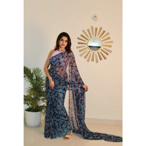 Generic Women's Georgette Printed Saree With Unstitched Blouse 5.5Mtr (Light Blue )