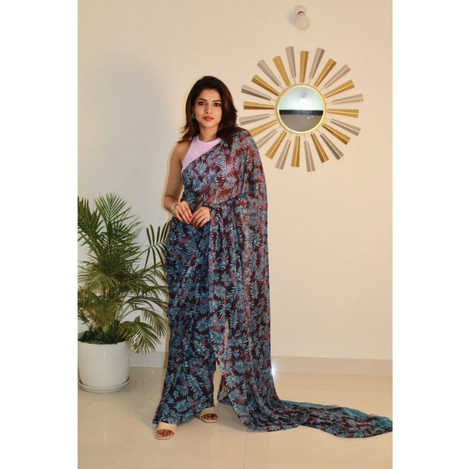 Generic Women's Georgette Printed Saree With Unstitched Blouse 5.5Mtr (Light Blue )
