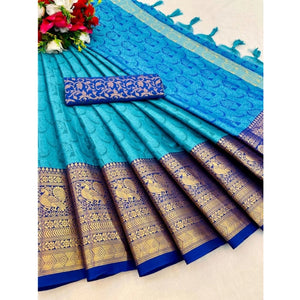 Generic Women's Cotton Silk Printed Saree With Unstitched Blouse 5.5Mtr (Sky Blue)