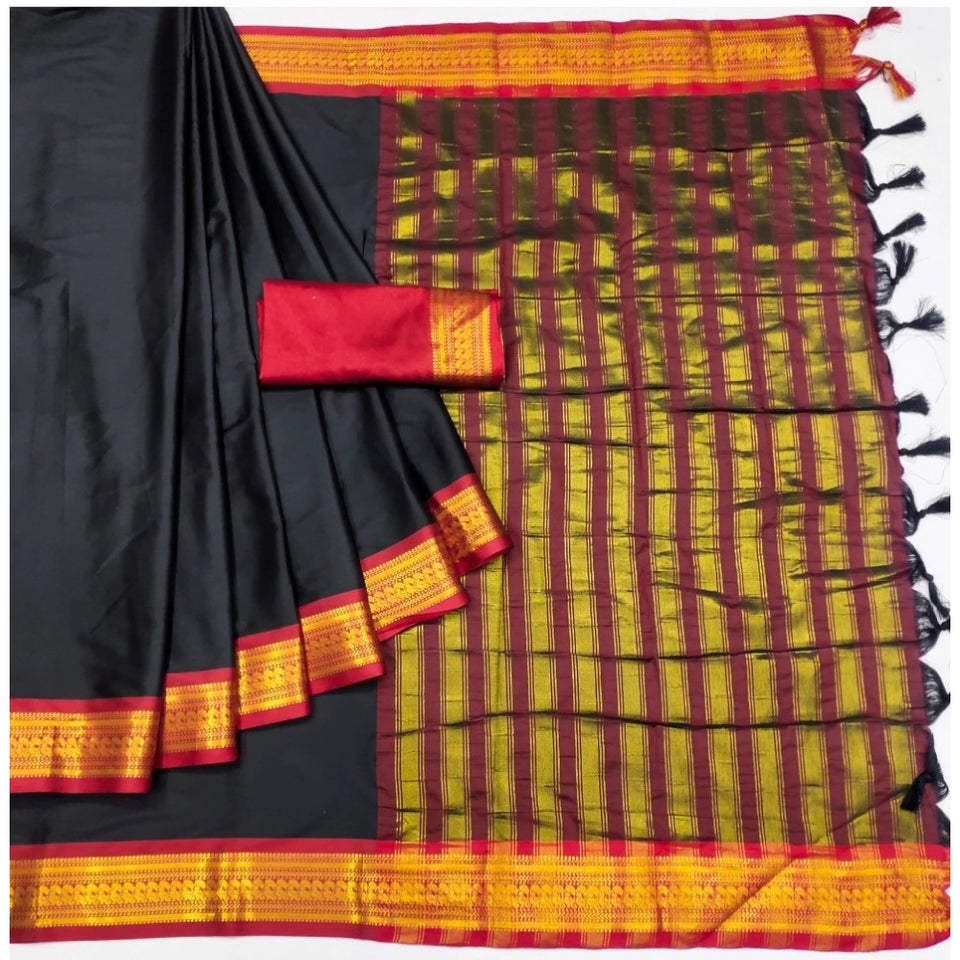 Generic Women's Cotton Silk Solid Saree With Unstitched Blouse 5.5Mtr (Black)