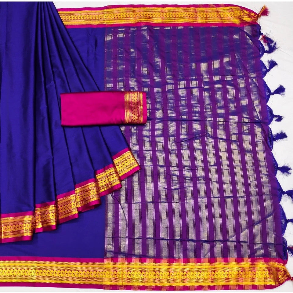 Generic Women's Cotton Silk Solid Saree With Unstitched Blouse 5.5Mtr (Blue)