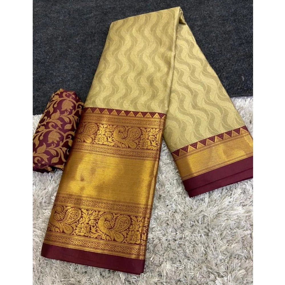 Generic Women's Cotton Silk Printed Saree With Unstitched Blouse 5.5Mtr (Brown)