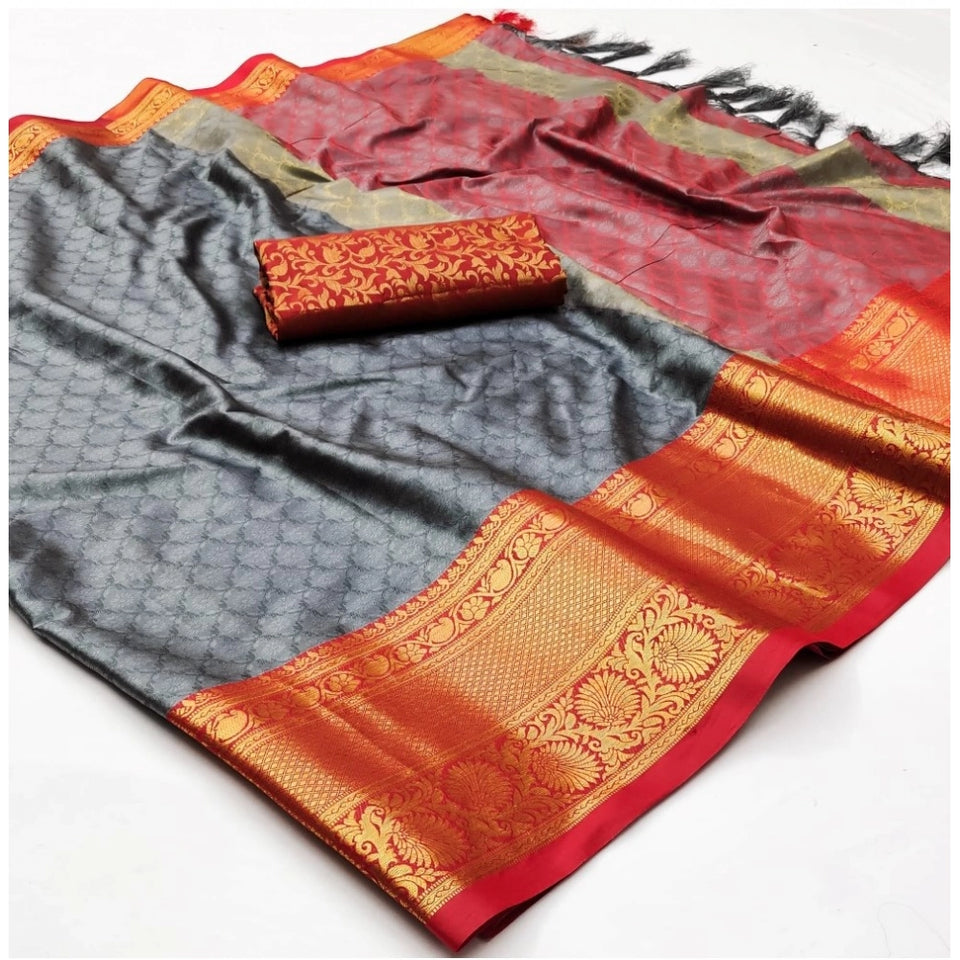 Generic Women's Cotton Silk Floral Print Saree With Unstitched Blouse 5.5Mtr (Grey)