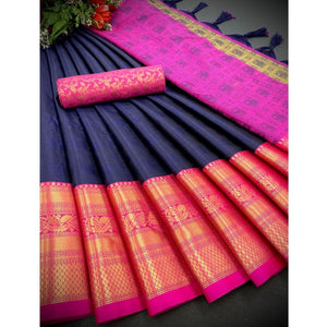 Generic Women's Cotton Silk Printed Saree With Unstitched Blouse 5.5Mtr (Blue)