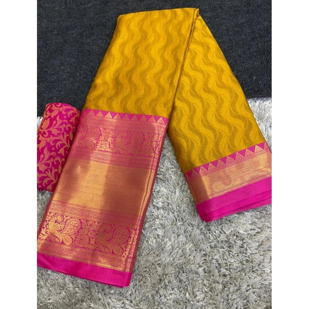Generic Women's Cotton Silk Printed Saree With Unstitched Blouse 5.5Mtr (Mustard)