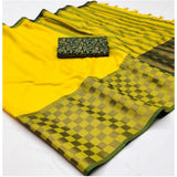 Generic Women's Cotton Silk Checkered Saree With Unstitched Blouse 5.5Mtr (Yellow)