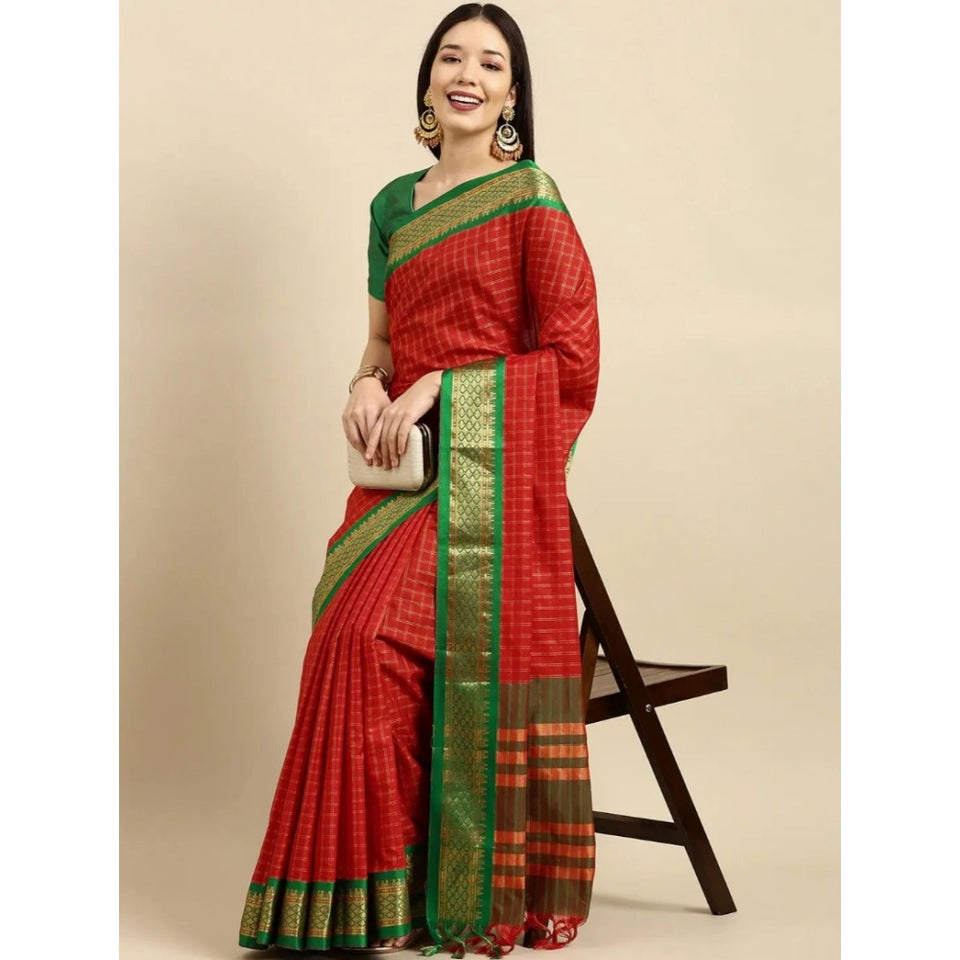 Generic Women's Cotton Silk Checkered Saree With Unstitched Blouse 5.5Mtr (Red)