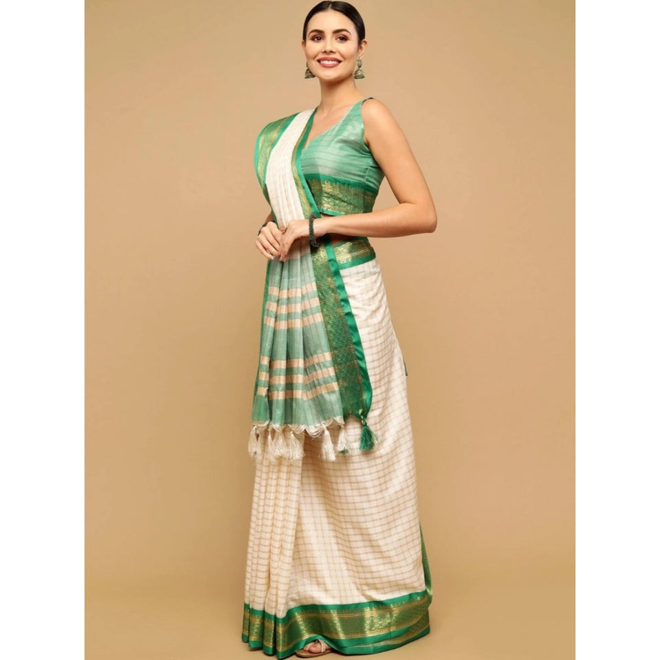 Generic Women's Cotton Silk Checkered Saree With Unstitched Blouse 5.5Mtr (Green)