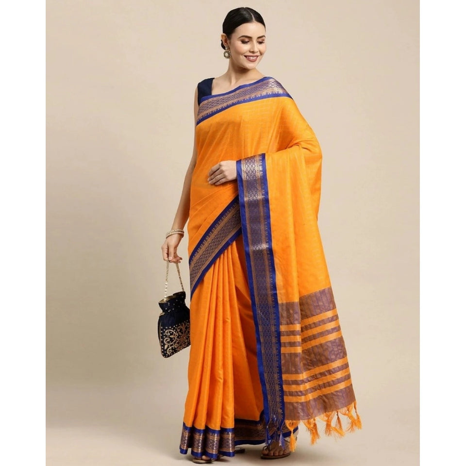 Generic Women's Cotton Silk Checkered Saree With Unstitched Blouse 5.5Mtr (Gold)