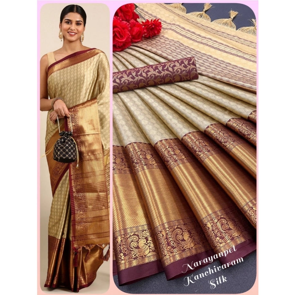 Generic Women's Cotton Silk Woven Design Saree With Unstitched Blouse 5.5Mtr (Gold)