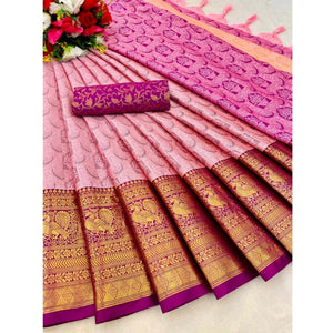 Generic Women's Cotton Silk Printed Saree With Unstitched Blouse 5.5Mtr (Pink)