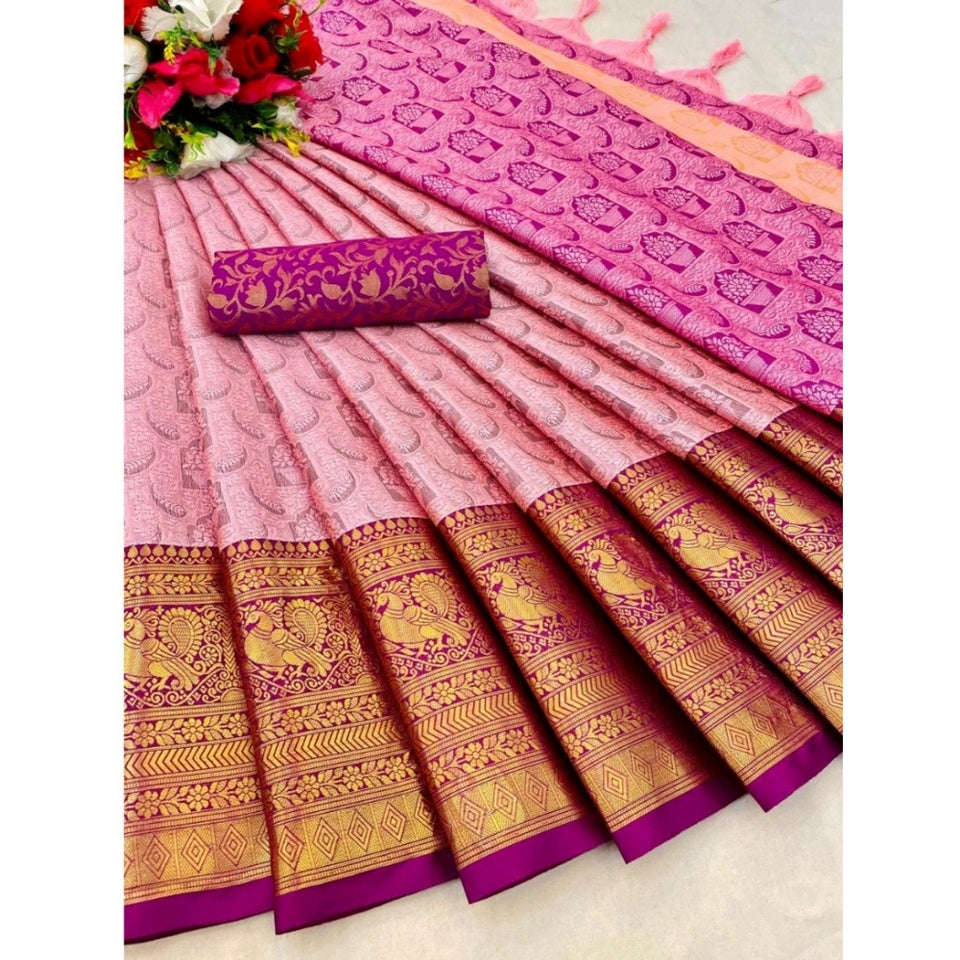 Generic Women's Cotton Silk Printed Saree With Unstitched Blouse 5.5Mtr (Pink)