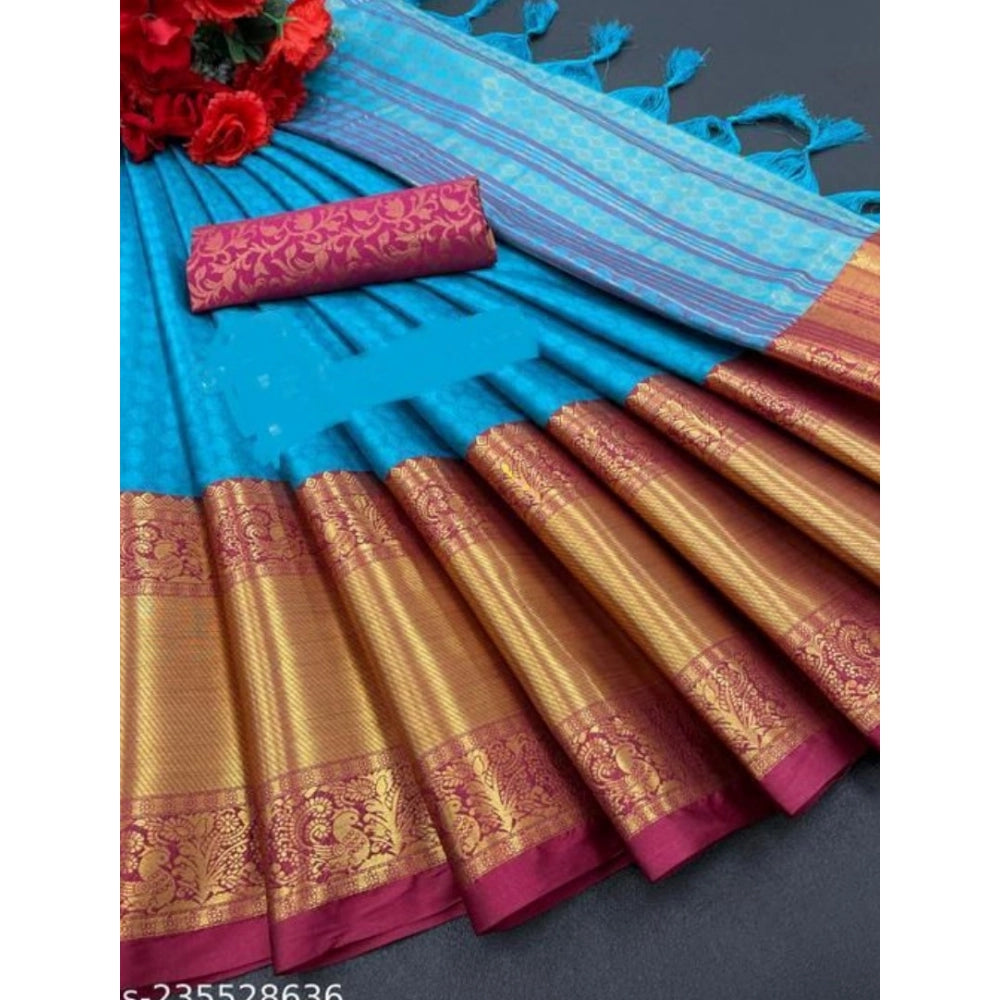 Generic Women's Cotton Silk Woven Design Saree With Unstitched Blouse 5.5Mtr (Blue)