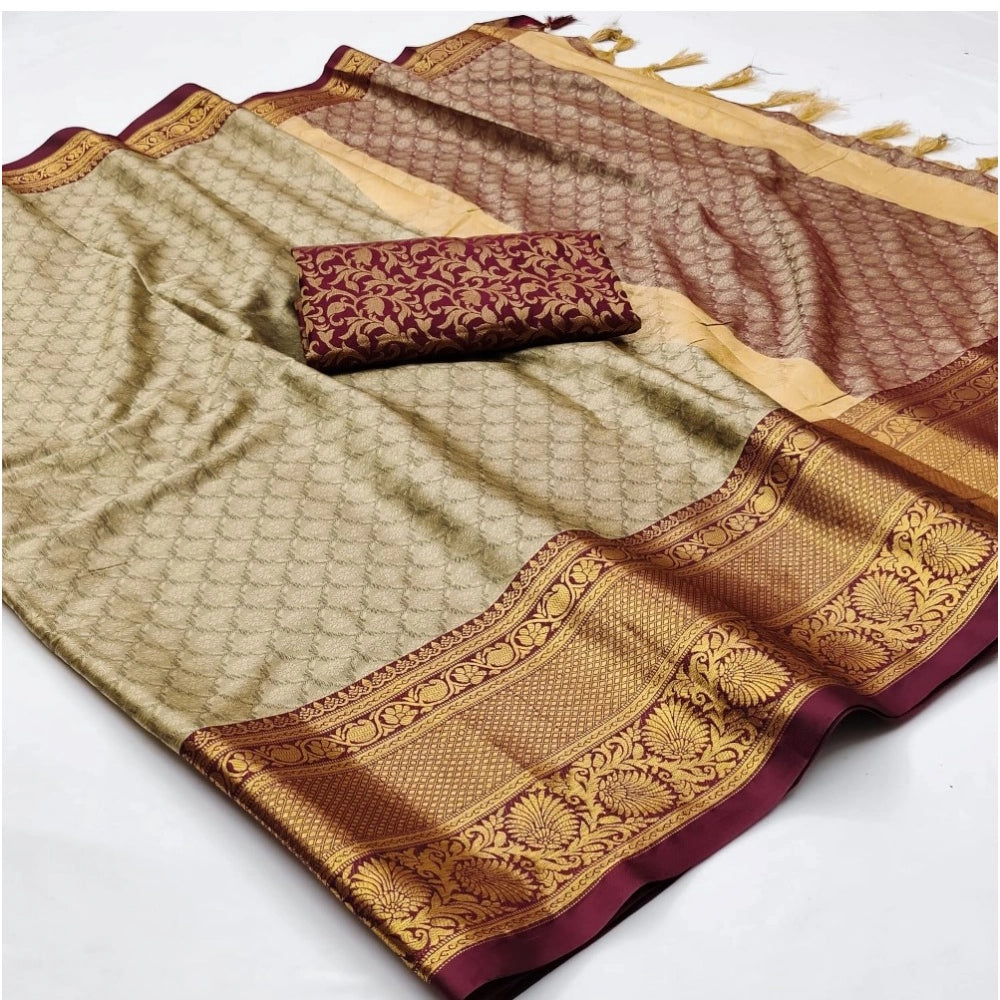 Generic Women's Cotton Silk Floral Print Saree With Unstitched Blouse 5.5Mtr (Maroon)