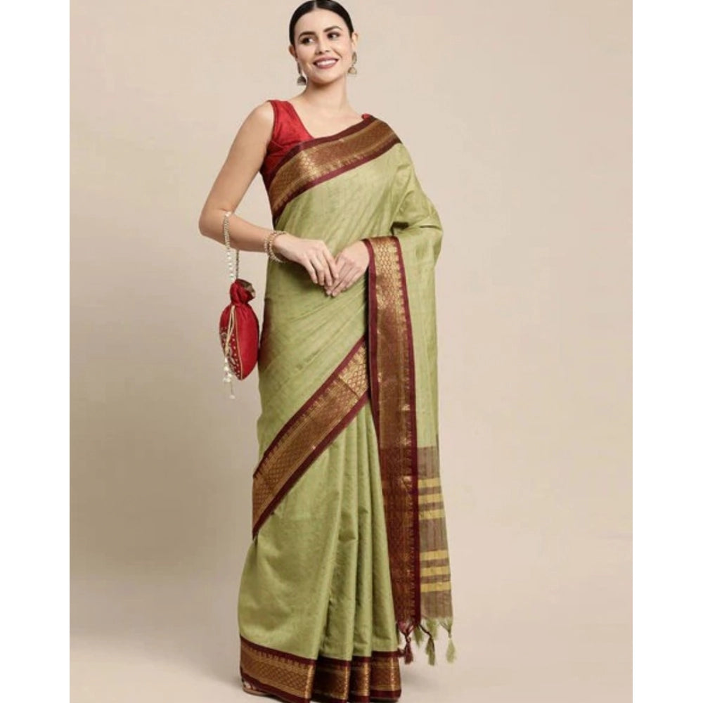 Generic Women's Cotton Silk Checkered Saree With Unstitched Blouse 5.5Mtr (olive)