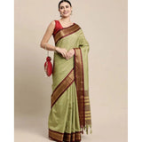 Generic Women's Cotton Silk Checkered Saree With Unstitched Blouse 5.5Mtr (olive)
