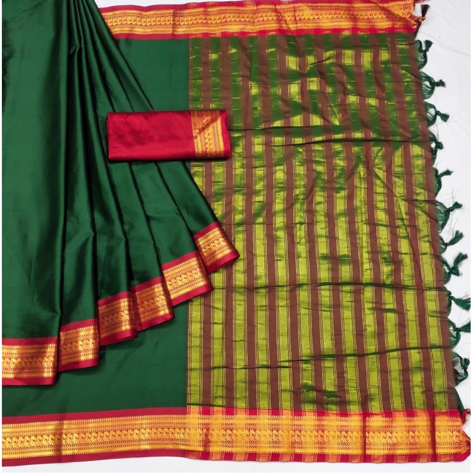 Generic Women's Cotton Silk Solid Saree With Unstitched Blouse 5.5Mtr (Dark Green)