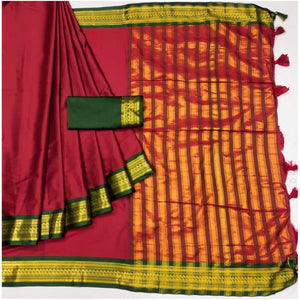 Generic Women's Cotton Silk Solid Saree With Unstitched Blouse 5.5Mtr (Red)