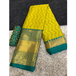 Generic Women's Cotton Silk Printed Saree With Unstitched Blouse 5.5Mtr (Green-Yellow)