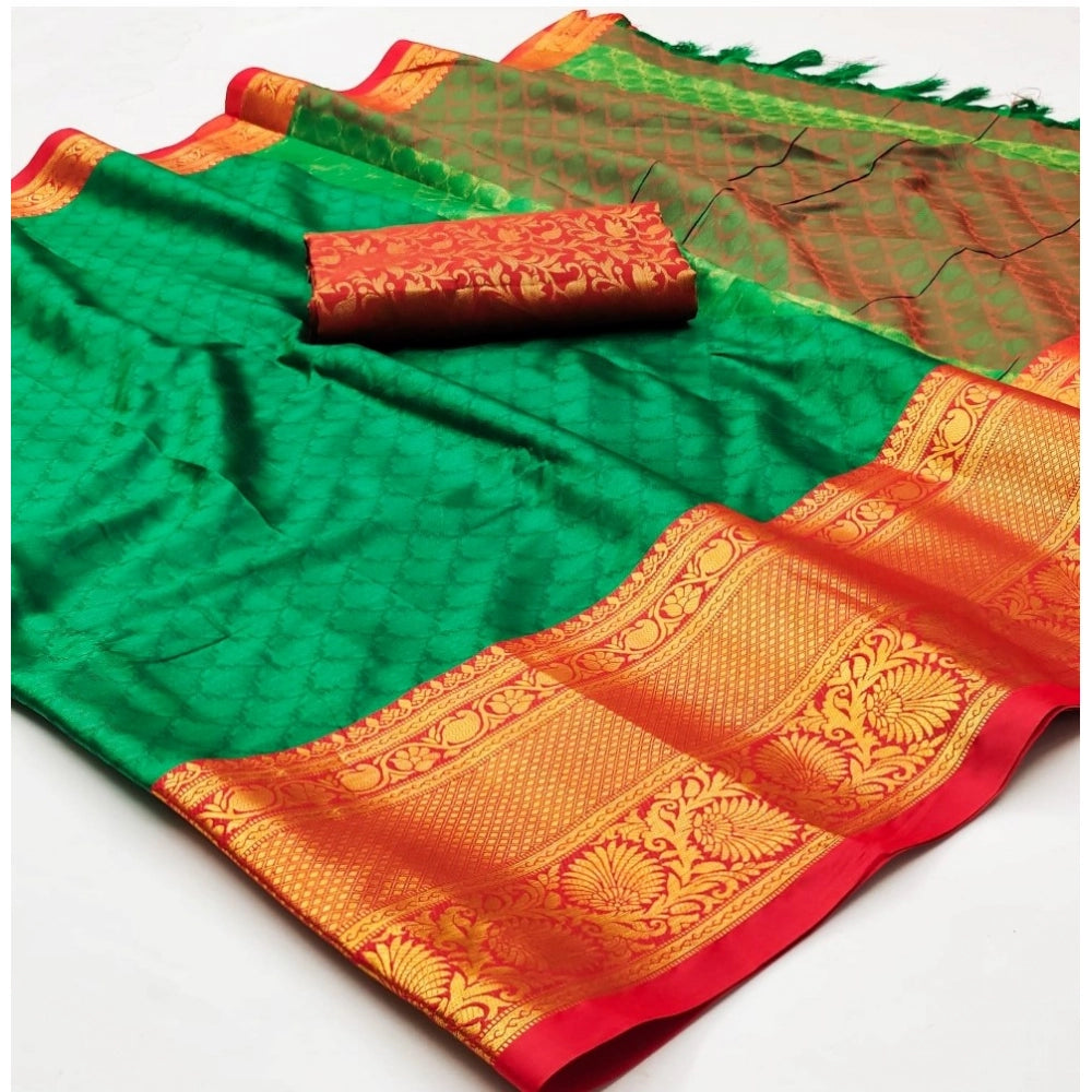 Generic Women's Cotton Silk Floral Print Saree With Unstitched Blouse 5.5Mtr (Green)