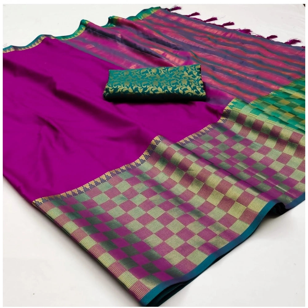 Generic Women's Cotton Silk Checkered Saree With Unstitched Blouse 5.5Mtr (Purple)