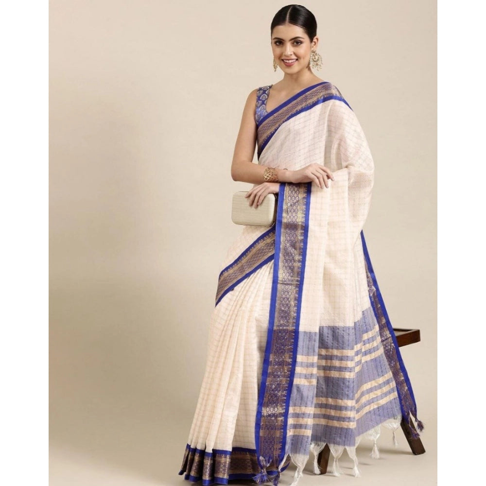 Generic Women's Cotton Silk Checkered Saree With Unstitched Blouse 5.5Mtr (R Blue)