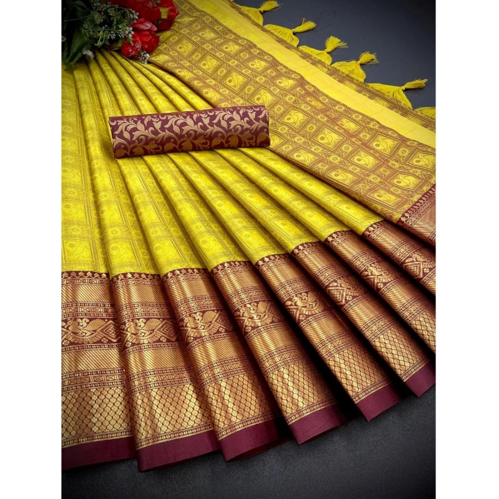 Generic Women's Cotton Silk Printed Saree With Unstitched Blouse 5.5Mtr (Yellow)