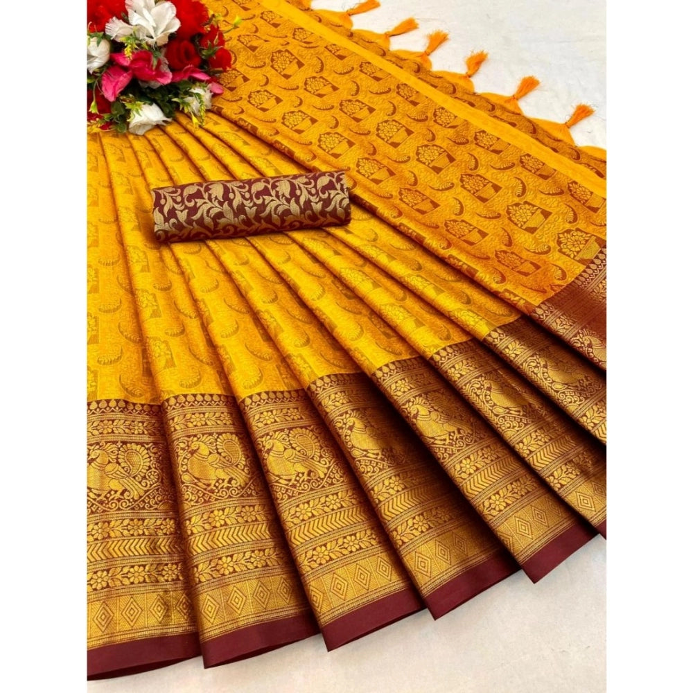 Generic Women's Cotton Silk Printed Saree With Unstitched Blouse 5.5Mtr (Mustard)