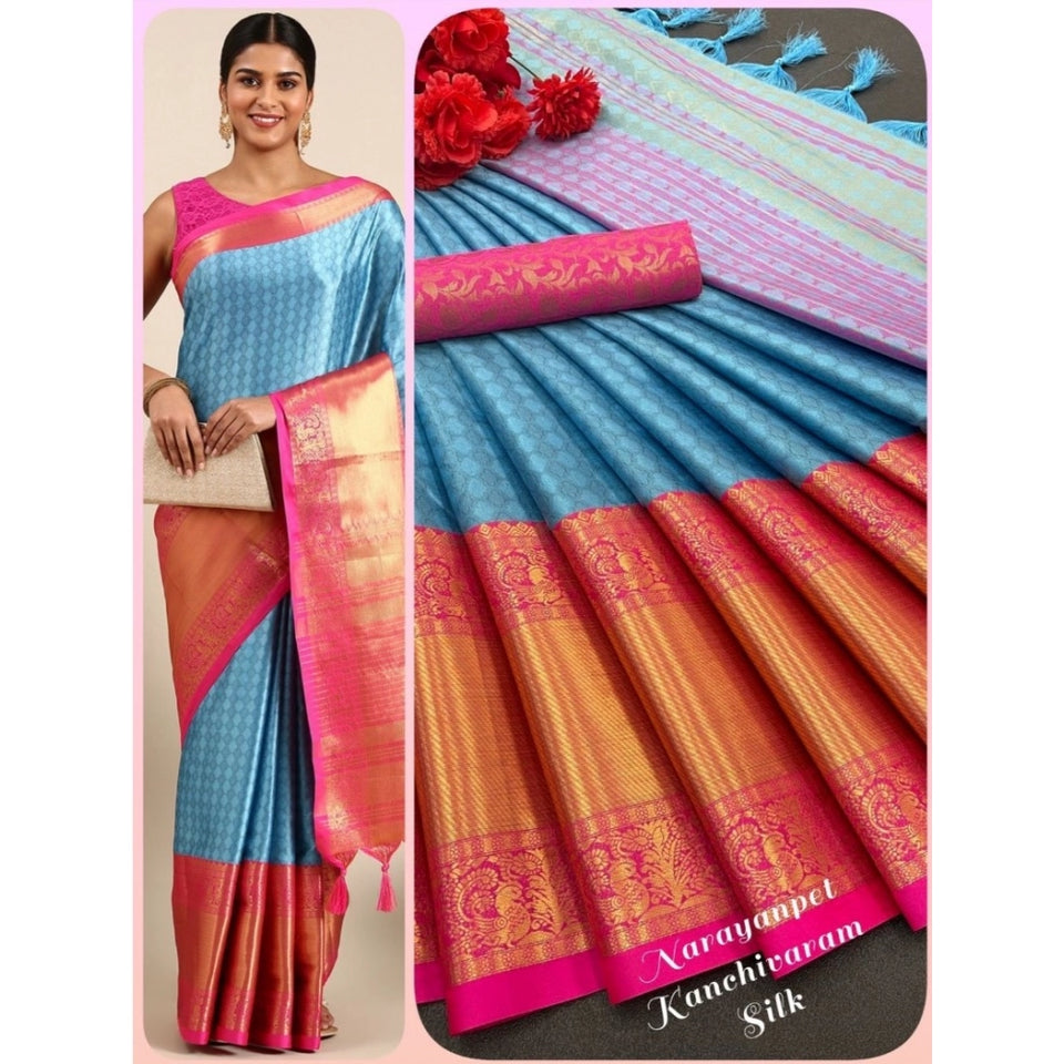 Generic Women's Cotton Silk Woven Design Saree With Unstitched Blouse 5.5Mtr (Light Blue)