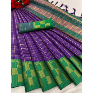 Generic Women's Cotton Silk Printed Saree With Unstitched Blouse 5.5Mtr (Purple)