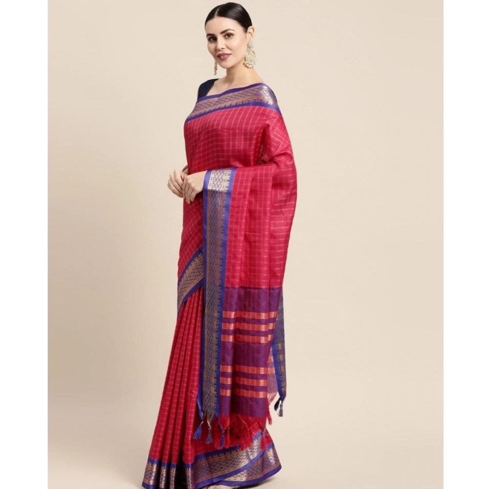 Generic Women's Cotton Silk Checkered Saree With Unstitched Blouse 5.5Mtr (Red)