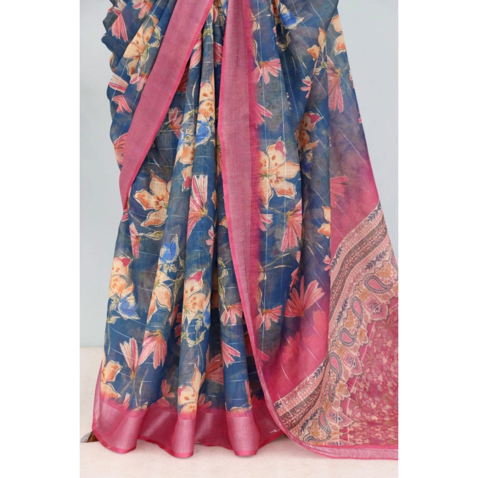 Generic Women's Linen Digital Print Saree With Unstitched Blouse 5.5Mtr (Blue)