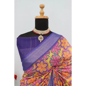 Generic Women's Linen Digital Print Saree With Unstitched Blouse 5.5Mtr (Multicolor)