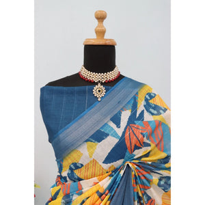Generic Women's Linen Digital Print Saree With Unstitched Blouse 5.5Mtr (Multicolor)