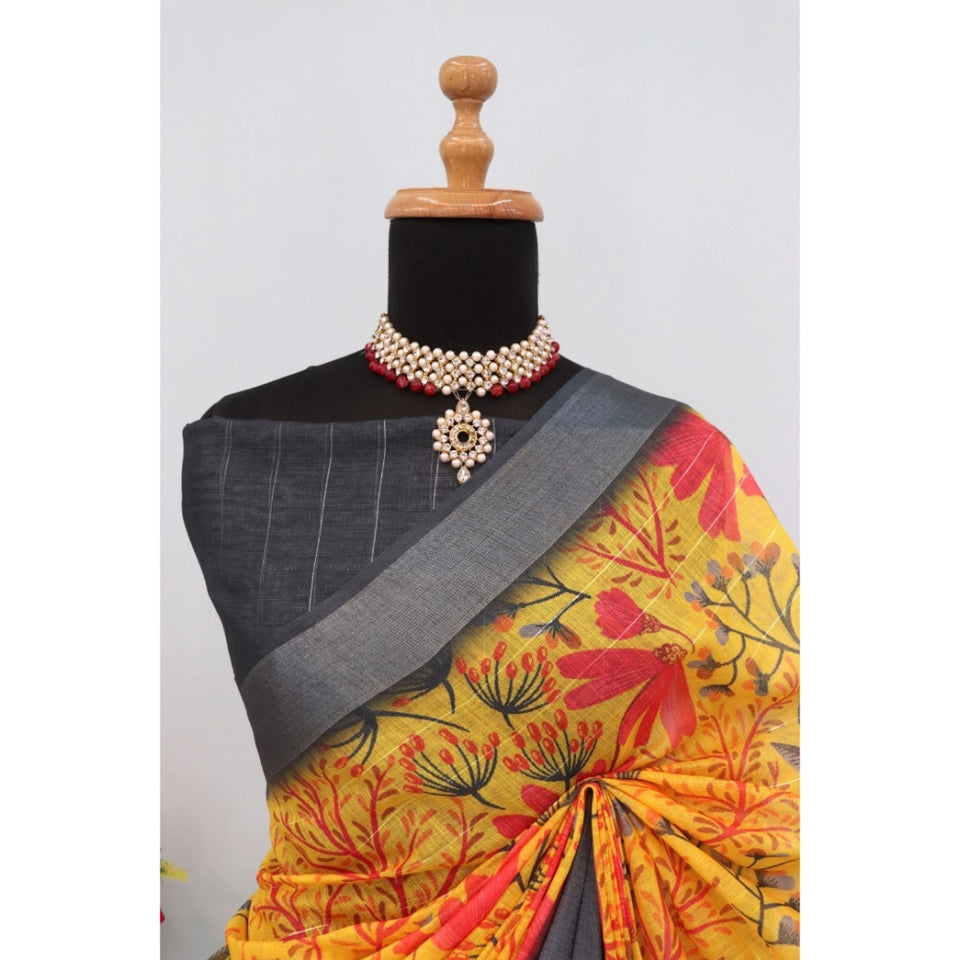 Generic Women's Linen Digital Print Saree With Unstitched Blouse 5.5Mtr (Multicolor)