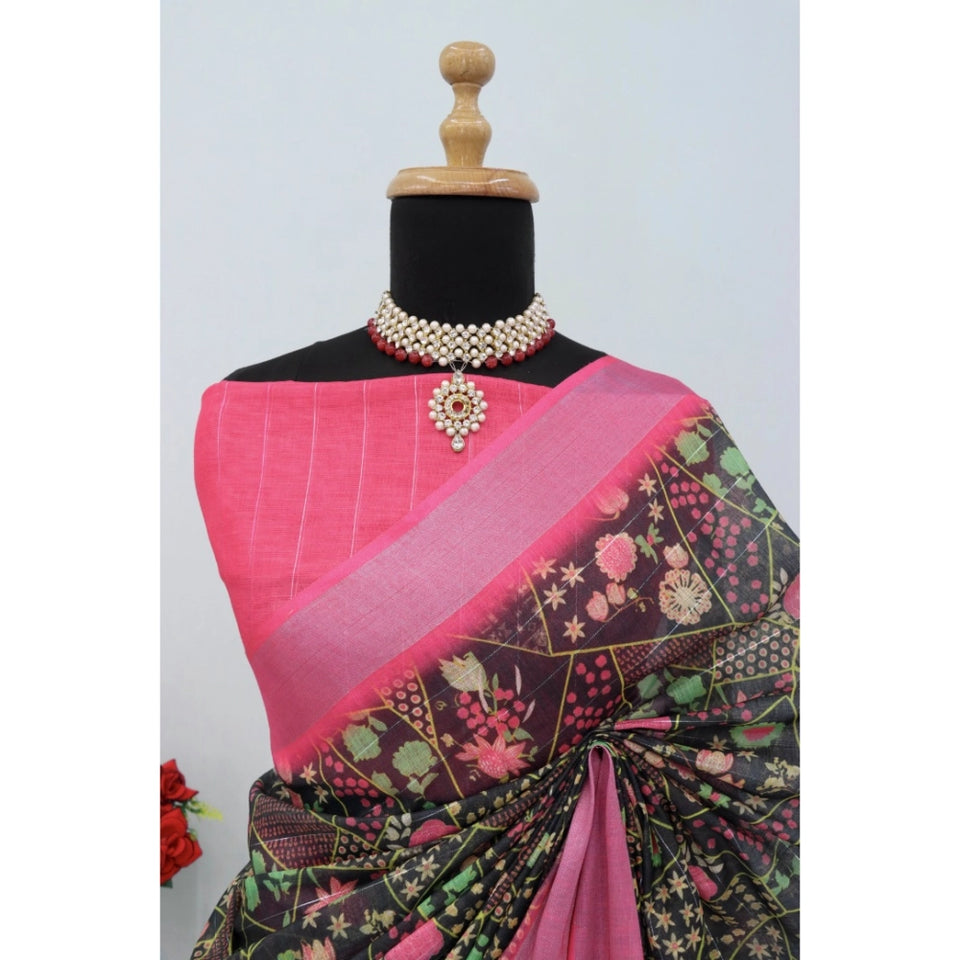 Generic Women's Linen Digital Print Saree With Unstitched Blouse 5.5Mtr (Multicolor)