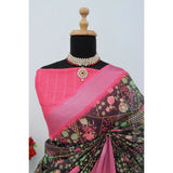 Generic Women's Linen Digital Print Saree With Unstitched Blouse 5.5Mtr (Multicolor)