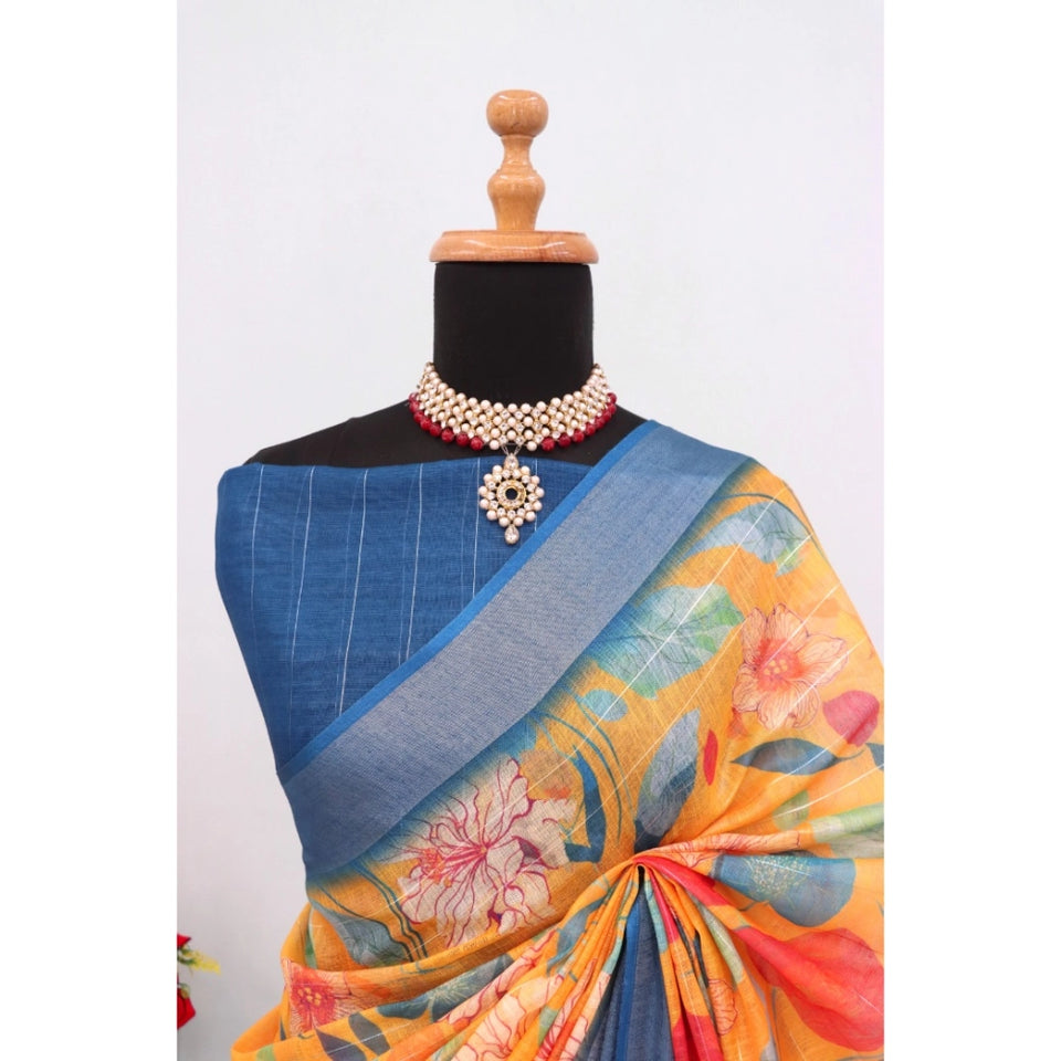 Generic Women's Linen Digital Print Saree With Unstitched Blouse 5.5Mtr (Yellow)