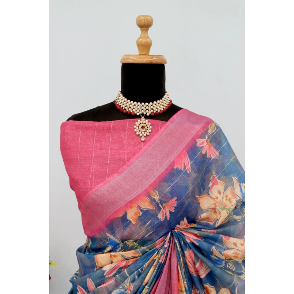 Generic Women's Linen Digital Print Saree With Unstitched Blouse 5.5Mtr (Blue)