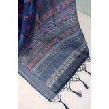 Generic Women's Linen Digital Print Saree With Unstitched Blouse 5.5Mtr (Blue)