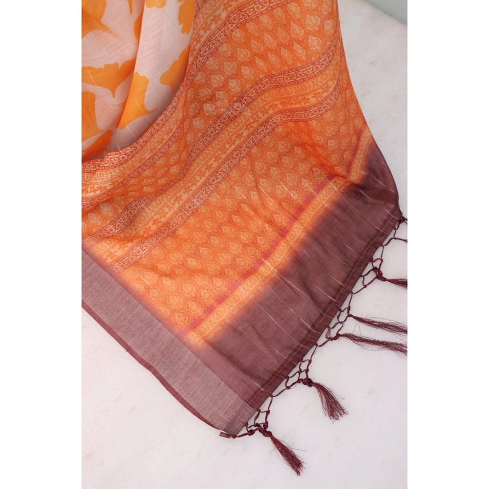 Generic Women's Linen Digital Print Saree With Unstitched Blouse 5.5Mtr (Orange)
