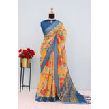 Generic Women's Linen Digital Print Saree With Unstitched Blouse 5.5Mtr (Yellow)